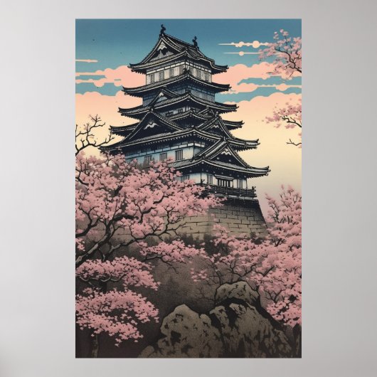 Schloss Himeji mit Kirschblüten Japanische Kunst Poster (Vorne)