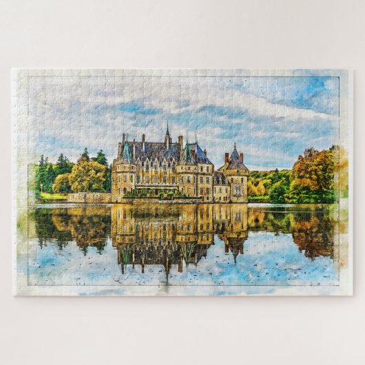 Schloss in der Reflektion des Herbstes. Frankreich Puzzle (Horizontal)