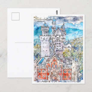 Schloss Neuschwanstein Deutschland Reise Aquarell Postkarte