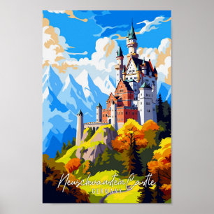 Schloss Neuschwanstein Vintage Reise Illustration Poster