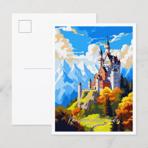 Schloss Neuschwanstein Vintage Reise Illustration Postkarte