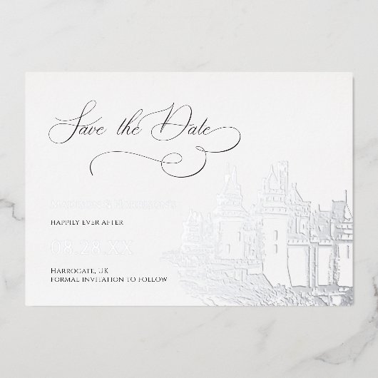 Schloss Save the Date Silver Folieneinladung (Vorderseite)