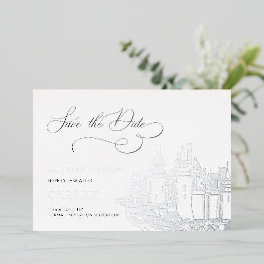 Schloss Save the Date Silver Folieneinladung (Stehend vorne)
