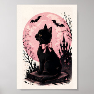 Schloss Schwarze Katze bei rosa Vollmond Poster
