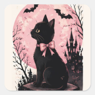 Schloss Schwarze Katze bei rosa Vollmond Quadratischer Aufkleber