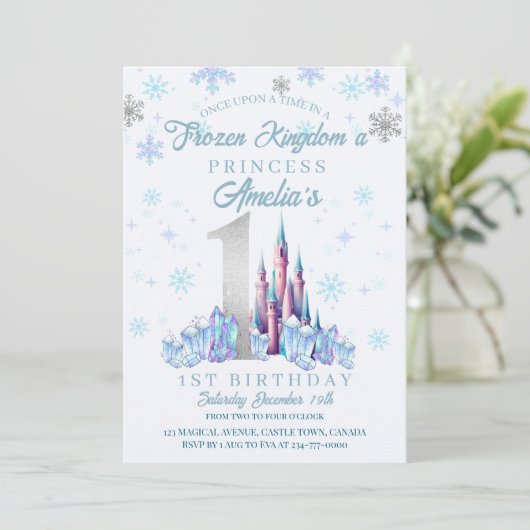Schloss Sparkle Frozen 1. Geburtstag Einladung (Stehend Vorderseite)