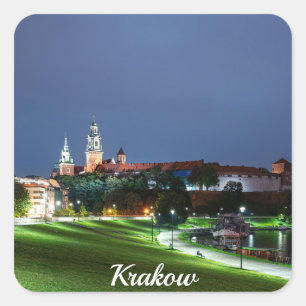 Schloss Wawel in der Nacht in Krakau, Polen Quadratischer Aufkleber
