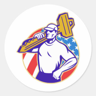 Schlosserschlüssel mit amerikanischer Fahne Runder Aufkleber