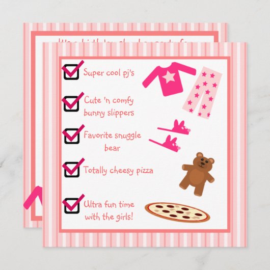 Schlummer-Party-Pyjama-Pantoffel-Checkliste Einladung (Vorne/Hinten)