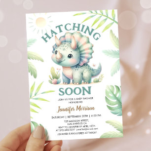 Schlüpft bald! Triceratops-Dinosaurier-Baby-Party Einladung