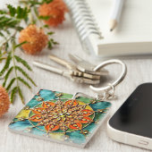 Schlüsselanhänger in orangefarbenem, blau-gelben A (Vorderseite rechts)