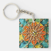 Schlüsselanhänger in orangefarbenem, blau-gelben A (Vorderseite)