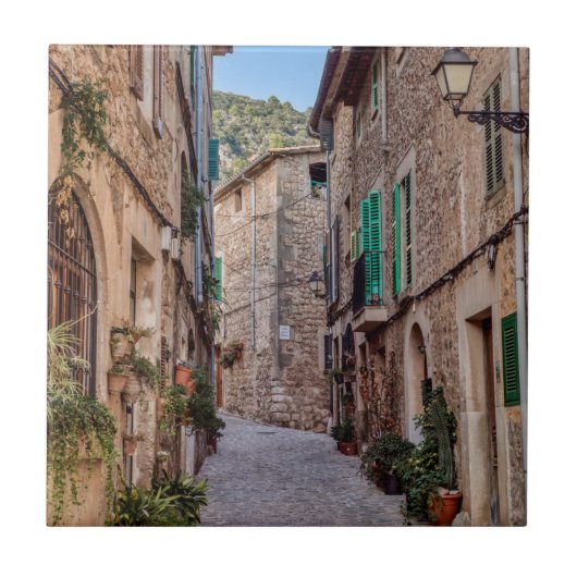Schmale Straße im Dorf Valldemossa - Mallorca Fliese (Vorderseite)