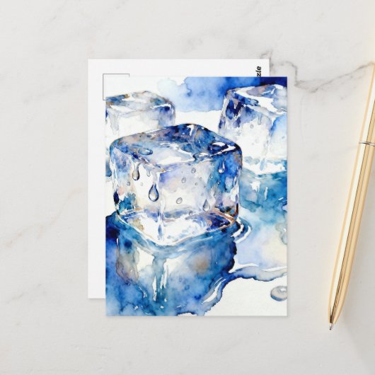 Schmelzende Eiswürfel Aquarell Postkarte (Vorderseite/Rückseite Beispiel)