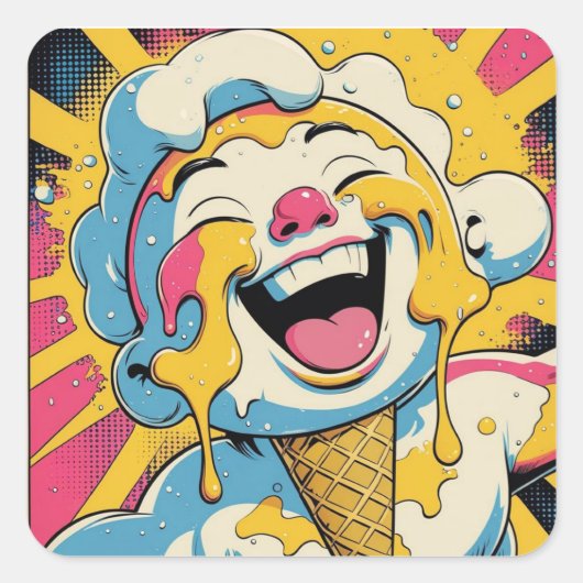 Schmelzende Freude – Eiscreme-Pop-Art-Explosion Quadratischer Aufkleber (Vorderseite)