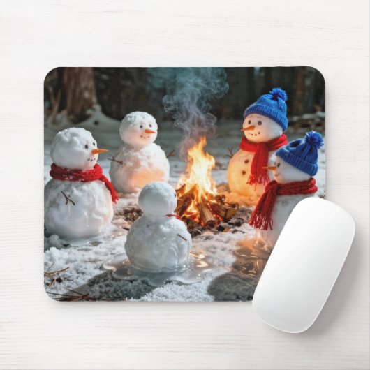 Schmelzende Schneemänner um ein Lagerfeuer Mousepad (Mit Mouse)