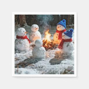 Schmelzende Schneemänner um ein Lagerfeuer Serviette