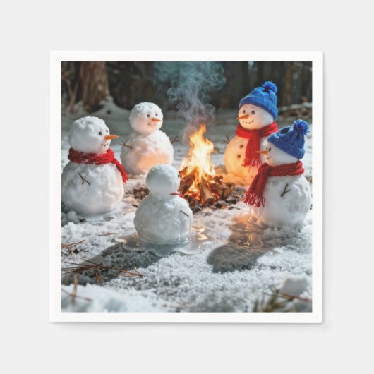 Schmelzende Schneemänner um ein Lagerfeuer Serviette (Vorderseite)