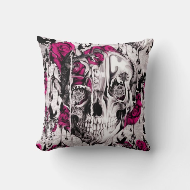 Schmelzender Rosenschädel im Grau und im Rosa Kissen (Vorderseite)