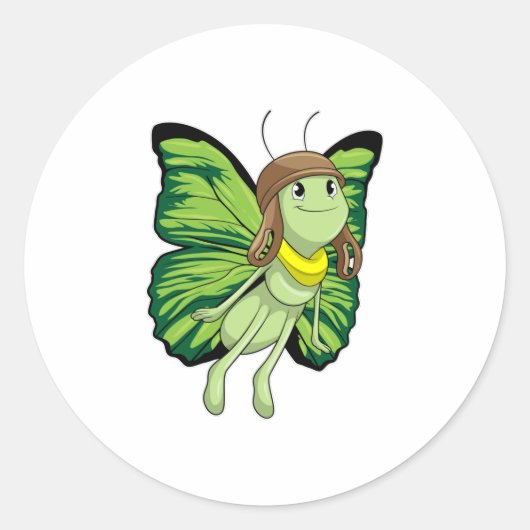 Schmetterling als Pilot mit Pilotenhut Runder Aufkleber (Vorderseite)