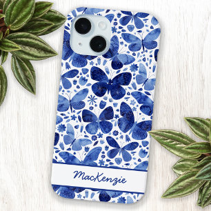 Schmetterling Aquarell Blau Personalisiert iPhone 15 Hülle