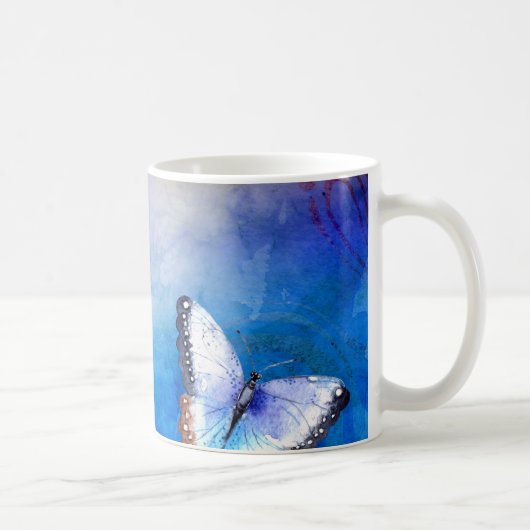 Schmetterling auf blauem Aquarell Kaffeetasse (Rechts)