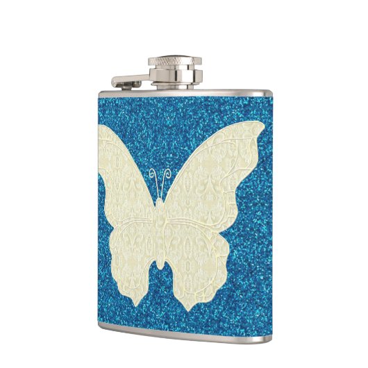 Schmetterling auf blauem Glitzer Flachmann (Links)