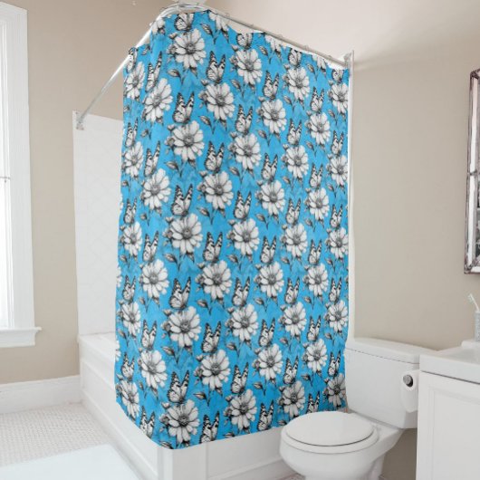 Schmetterling auf Blume Muster Blaues Design Duschvorhang