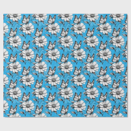 Schmetterling auf Blume Muster Blaues Design Geschenkpapier (Flach)