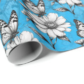 Schmetterling auf Blume Muster Blaues Design Geschenkpapier (Rolleneckpunkt)