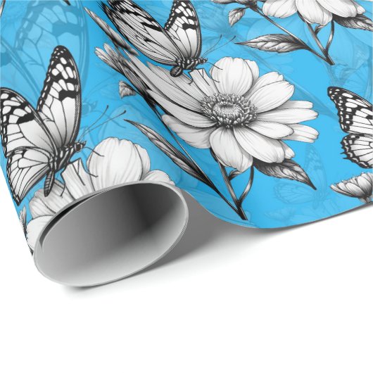 Schmetterling auf Blume Muster Blaues Design Geschenkpapier (Rolleneckpunkt)