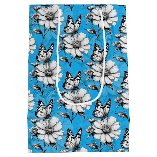 Schmetterling auf Blume Muster Blaues Design Mittlere Geschenktüte (Rückseite)