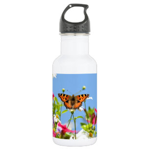 Schmetterling auf Blumen und blauem Himmel Edelstahlflasche
