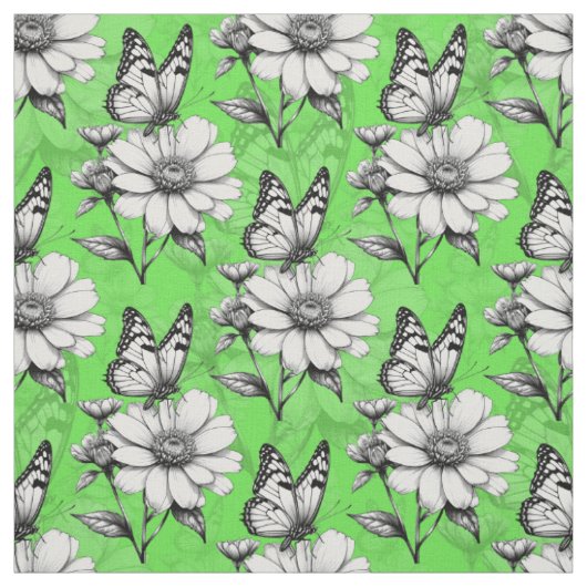 Schmetterling auf Blumenmuster Grün Design Stoff (Muster)