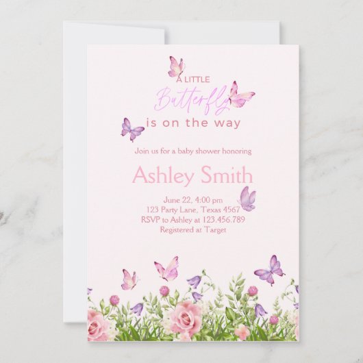 Schmetterling auf dem Weg Floral Girl Dusche Einladung (Vorderseite)