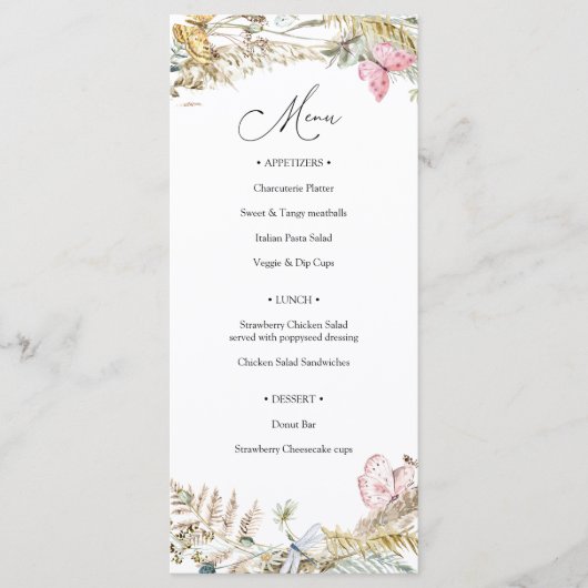 Schmetterling auf der "Way Boho Baby Shower"-Karte Menükarte (Vorderseite)