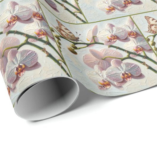 Schmetterling auf einem Orchideengemälde Geschenkpapier (Rolleneckpunkt)