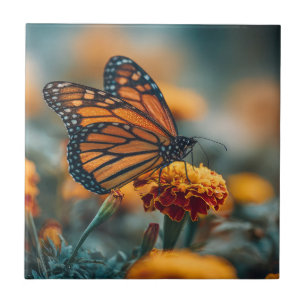 Schmetterling auf einer Ringelblume Fliese