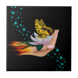 Schmetterling auf Lotus Bloom Fliese