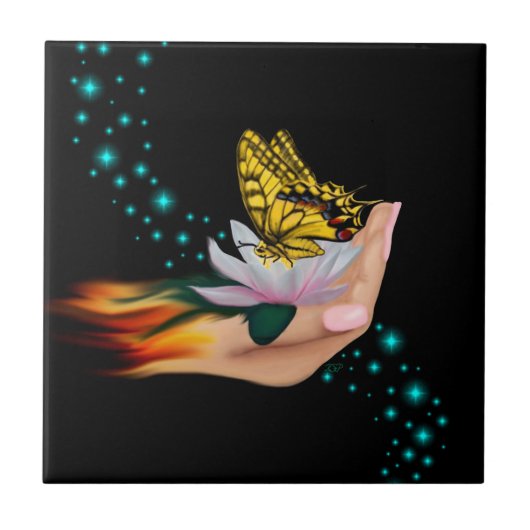 Schmetterling auf Lotus Bloom Fliese (Vorderseite)