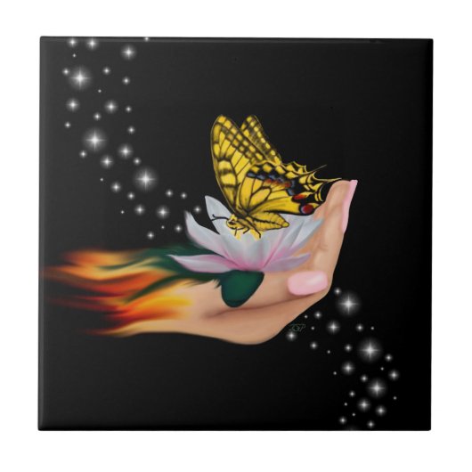 Schmetterling auf Lotus Bloom Fliese (Vorderseite)