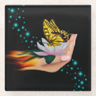Schmetterling auf Lotus Bloom Glasuntersetzer