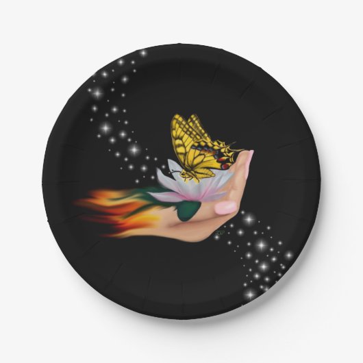 Schmetterling auf Lotus Bloom mit Sternen Pappteller (Vorderseite)