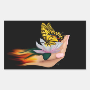 Schmetterling auf Lotus Bloom Rechteckiger Aufkleber