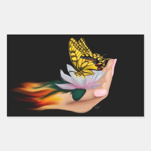 Schmetterling auf Lotus Bloom Rechteckiger Aufkleber (Vorderseite)