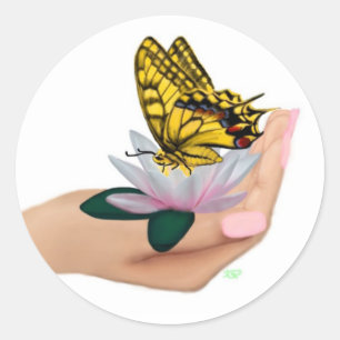 Schmetterling auf Lotus Bloom Runder Aufkleber