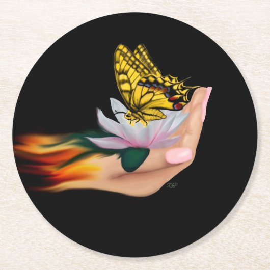 Schmetterling auf Lotus Bloom Runder Pappuntersetzer (Vorderseite)