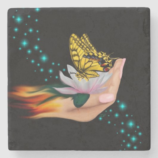 Schmetterling auf Lotus Bloom Steinuntersetzer (Vorderseite)