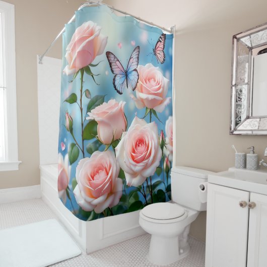 Schmetterling auf rosa Blume Duschvorhang (Beispiel)
