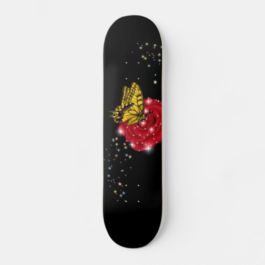 Schmetterling auf rote Rose mit Sternchen Regentro Skateboard (Vorderseite)